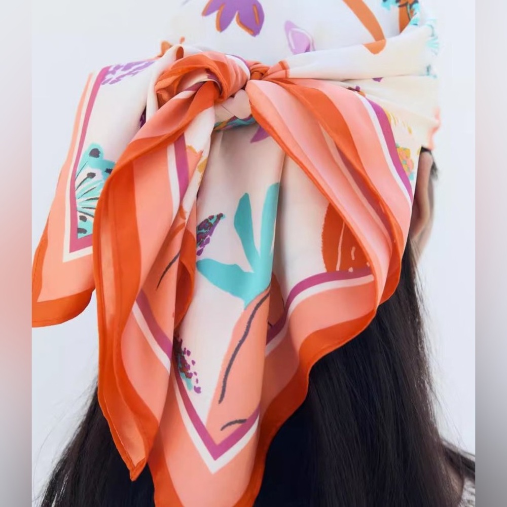 Zara White/Orange Printed Satin Scarf.